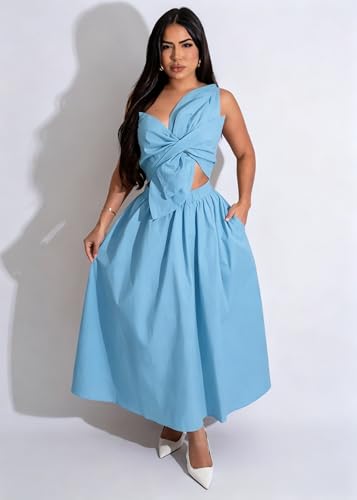 Image of YUEWOO Midi Dresses for Women Casual Summer Sundresses Vacation Outfits Spaghetti Strap Smocked Women Maxi Dress with Pockets
