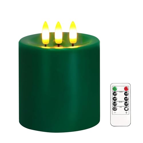 Large 3 Wick Flameless Candles, 4x4 Flickering LED Candles with Remote & Timer, Dimmable Real Wax Electric Pillar Candles Battery Operated, Green Candle for Christmas St. Patrick’s Day Decor (Green)