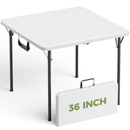 Folding Table 36 Inch Square Foldable Card Table with Carrying Handle Heavy Duty Fold-in-Half Portable Table No Assembly Ideal for Picnic Camping RV Travel Parties BBQs Crafting and Indoor Use