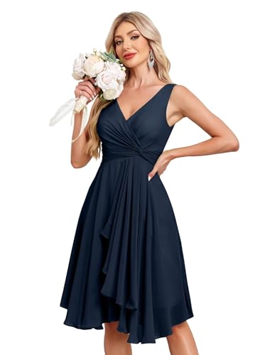 Image of Women's V Neck Short Bridesmaid Dresses 2025 Ruched Waist A Line Chiffon Formal Cocktail Party Dress