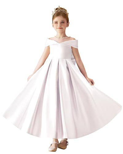 Satin Flower Girl Dress with Bow Knot Ankle Length First Communion Dresses with Pearl Pleated Pageant Ball Gown