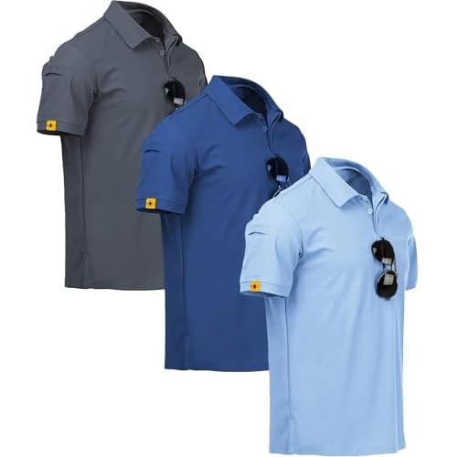 V VALANCH 3 Pack Polo Shirts for Men Short Sleeve Golf Tennis Work Summer Moisture Wicking Shirts Medium Blue+grey+moonblue