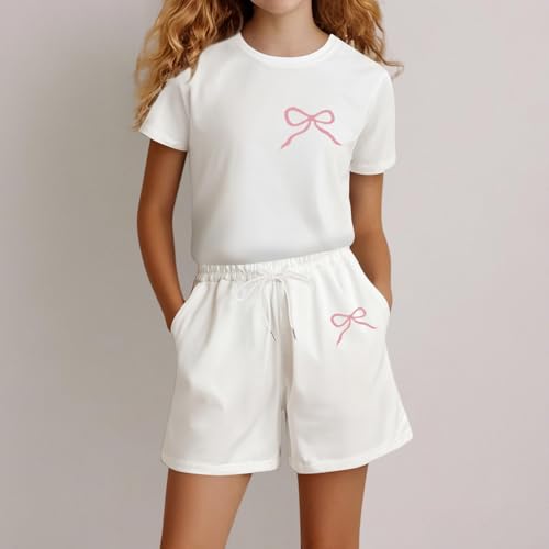 Girls Summer Outfits 2 Piece Cute Letter Graphic Tshirts and Shorts Sweatsuits Toddler Kids Preppy Tracksuit Size 4-142