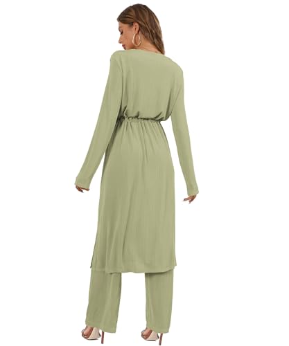 Image of 3 Piece Lounge Sets for Women Airport Travel Outfit | Long Cardigan,Tank Top ,Wide Leg Pants with Pockets,Comfy Loungewear,Casual Chic, Airplane Clothing,Vacation Matching Set