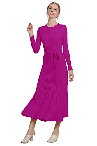 Image of Women's Long Knit Crewneck Sweater Dress Tie Waist A-Line Swing Pleated Bodycon