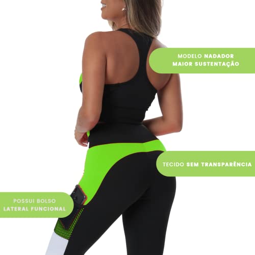 Conjunto de academia fitness top e calça c79 Cor:Preto verde;Tamanho:P