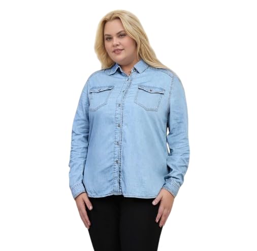 Women's Casual Denim Button-Down Shirt, Light Blue, Long Sleeve Jacket-picture-30