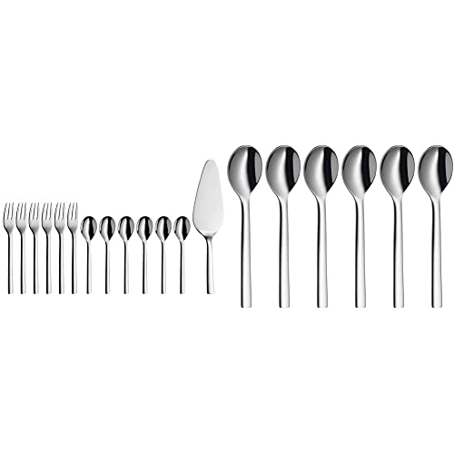 WMF Nuova Obst-/ Kuchenbesteck 13-teilig, für 6 Personen, Kaffeelöffel, Kuchengabel, Tortenheber, Cromargan Edelstahl poliert & Nuova Espressolöffel Set, 6-teilig, Espressolöffel, L 11 cm
