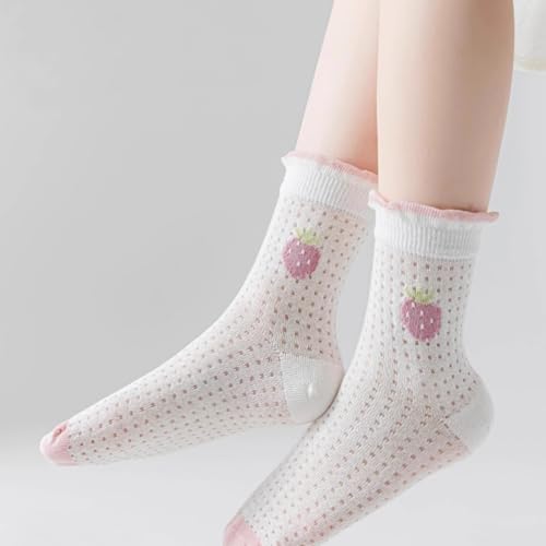 5 Pairs Girls' Summer Thin Cotton Mesh Mid-calf Socks with Strawberry Bowknot Ruffle Trim for 1-12 Years Old3