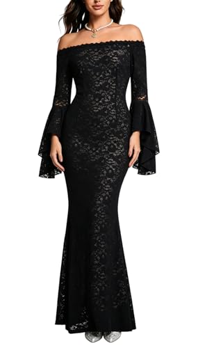 Image of Cercis Womens Off The Shoulder Floral Lace Maxi Wedding Dress Boho Flowy Wedding Guest Formal Long Dresses