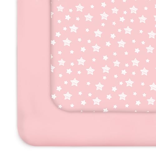 Image of Pack and Play Sheets Girl, 2 Pack Mini Crib Sheets, Stretchy Playard Fitted Sheet, Compatible with Graco Pack n Play, Soft and Breathable Material, Pink&Pink Stars