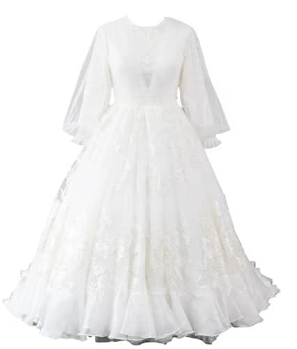 Modest Tulle Lace Wedding Dress Muslim Bridal Gown with Long Sleeves