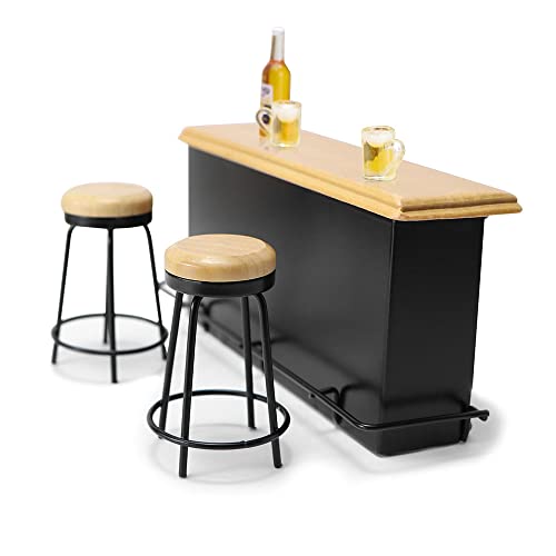 Dollhouse Furniture Metal Bar Table & Chair With Wood Top Pub Set 1:12 Scale Miniature Accessories Bar Counter Stool Mini Dining Coffee Table Model Layout Props Desktop Decor #TOP15