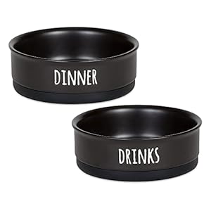 Bone Dry Ceramic Pet Bowls, Dishwasher & Microwave Safe, Non-Slip, Medium Set, 6×2, Black