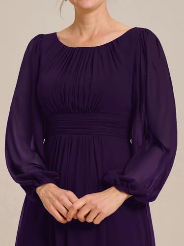 Ever-Pretty Damen Abendkleid Lang Elegant Maxi Hochzeit Lange Ärmel Chiffon Brautjungfernkleider Ballkleid Dunkelviolett 48