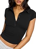 Volemo Women's Cropped Polo Shirts Collared Button Up V Neck Cap Sleeve Tight Fitted Basic Tees Summer Casual Work Tops Black M