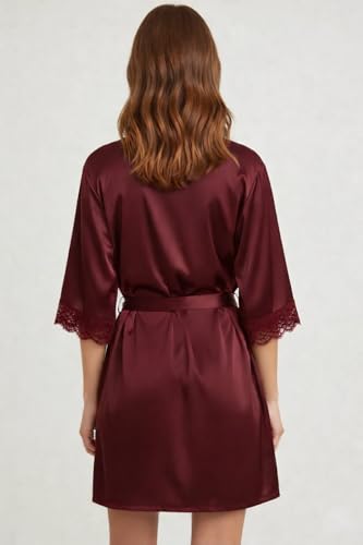 Image of Women's Satin 3-Piece Lingerie Set, Lace Cami, Shorts and Robe, Burgundy