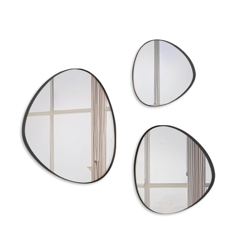 Trio Espelho Decorativo Vidro Organico com Moldura de Couro Suspenso PRETO