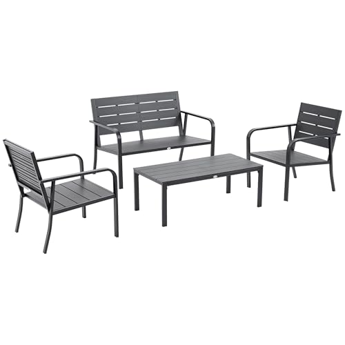 Outsunny Set Mobile da Giardino da 4 Pezzi, Salotto da Esterno con Panchina a 2 Posti, 2 Poltrone e Tavolino, Doghe in Plastica Effetto Legno, Grigio Scuro e Nero