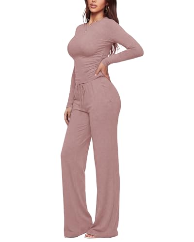 Image of ZOOSIXX Lounge Sets for Women - 2 Piece Outfits Crop Tops with Fold Over Flare Leggings Fall Loungewear Fitted Pajama
