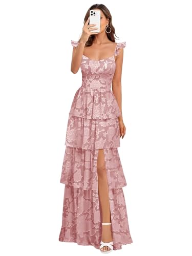 Floral Chiffon Bridesmaid Dresses for Women Long Tiered Ruffles Formal Evening Dresses with Slit