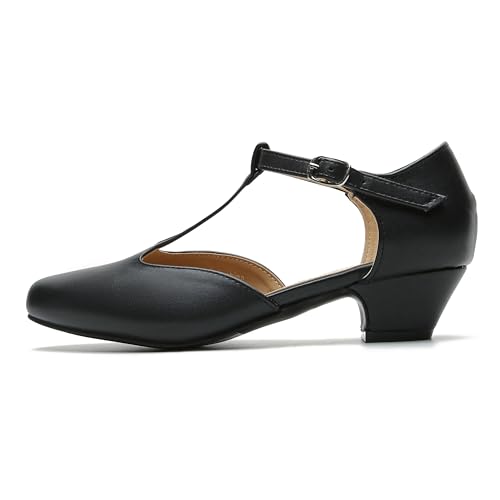 Image of MAIERNISI JESSI Women's T-Strap Mary Jane Pumps, Low Block Heel, Closed Toe, Buckle Ankle Strap