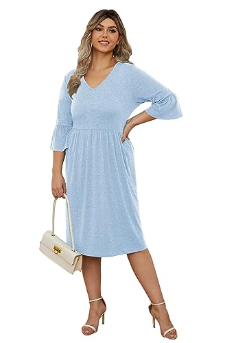 Image of Women's Plus Size 3 /4 Sleeve Casual Dress V Neck Spring Summer Tshirt Empire Waist Ruffle Midi Dresses