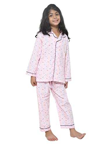 Image of Girls Premium Cotton Full Sleeves Printed Nightsuit Set | Collar Style Night Dress for Girls | Soft & Breathable Pajama Set | Trendy Kids Sleepwear & Nightwear