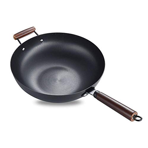 WOTZOV Sartén Wok de Hierro Wok Antiadherente auténtico Wok de Cocina Utensilios de Cocina Wok de inducción sin Revestimiento Wok de Mango Largo Olla para cocinar Sartén