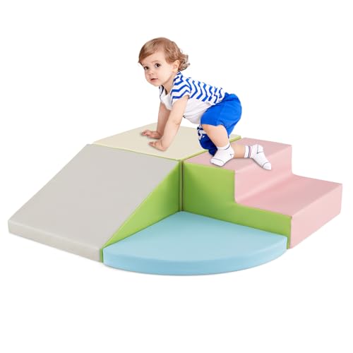 COSTWAY 4 TLG. Schaumstoffbausteine, Riesenbausteine zum Toben und Klettern, Softbausteine aus Schaumstoff, Großbausteine, Bauklötze für Kinder im Vorschulalter, Babys und Schulkinder (Rosa+Grün)