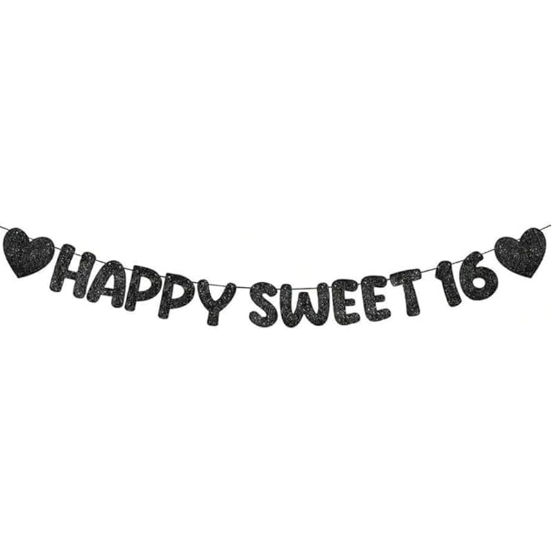16th Birthday Banner - Happy Sweet 16 Glitter Banner for Party Decorations, Fade-Resistant, Easy to Hang, Black Sparkle Sign for Birthday Backdrop