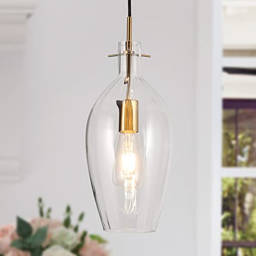 Image of Uolfin Modern Gold Pendant Light with Clear Glass Shade, 1-Light Glass Pendant Light for Kitchen Island, Dining Room, Hallway, Living Room, 7" W x 18" H