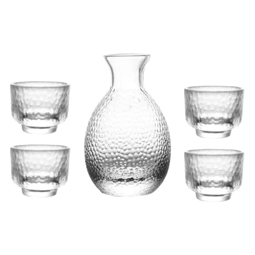 Hemobllo Set da Sakè Trasparente in Vetro con Bricco e 4 Bicchieri, Kit Dispenser per Liquori per Casa, Ristorante e Sala da Tè, Superficie Liscia senza Sbavature, Bordo Confortevole
