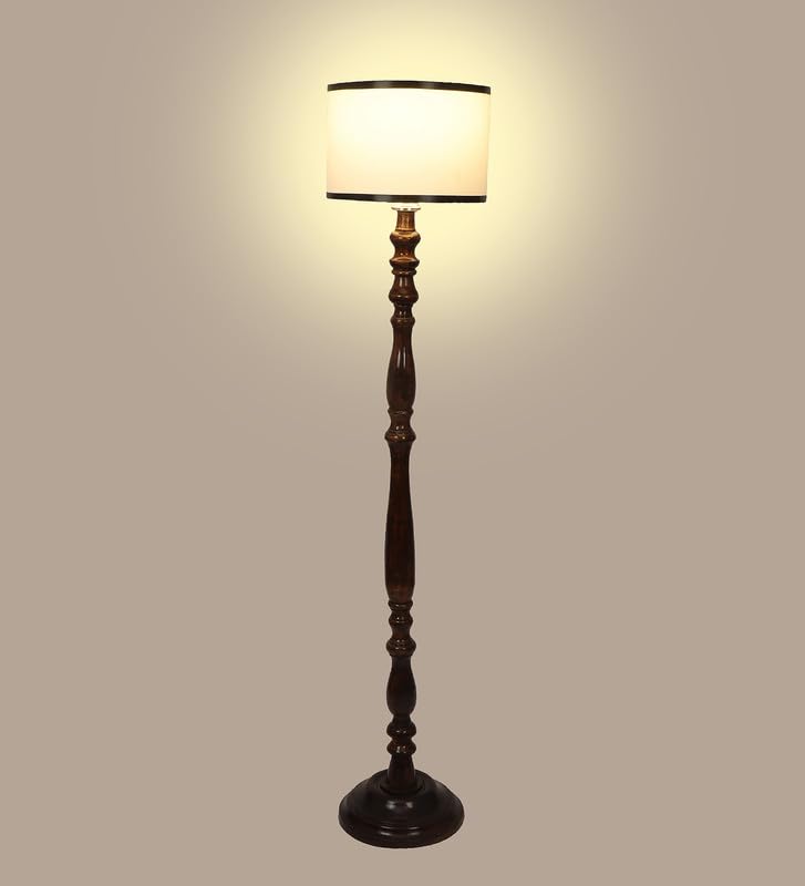 Image of tu casa Mango Wooden Floor Lamps with Classic Stripe Shade for Home Decor, Bedrooms Corner, Living Room, Gifting, Diwali Decoration, Hall, Office, Study Room (Height: - 56 inch) - Bulb not Included