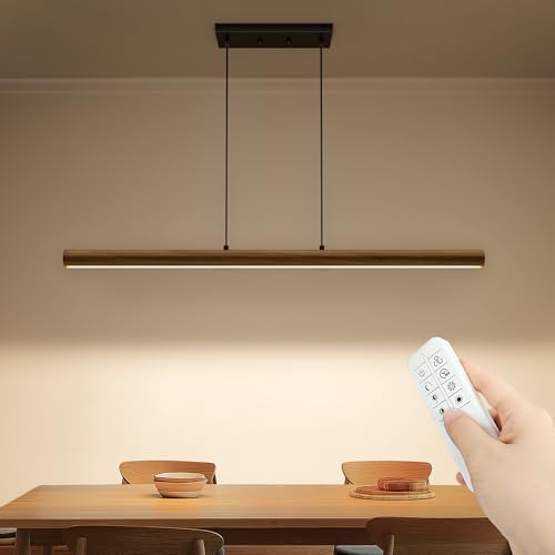 Ensenior Lámpara colgante lineal LED de madera de 39 pulgadas, lámpara colgante lineal para comedor, lámpara LED regulable para comedor, mesa de piscina, cocina, isla de cocina, luz circular