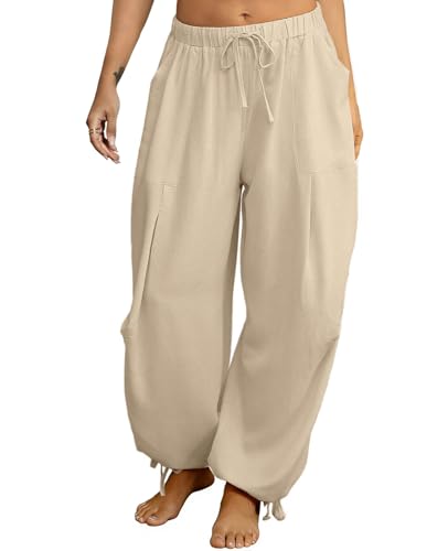 Image of Women's Linen Balloon Barrel Beach Pants Boho Harem Flowy Drawstring Casual Loose Pants with Pockets