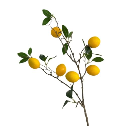 Artificial Lemon Branch Stems, Faux Citrus Fruit Arrangement, 6 Yellow Lemons, Green Leaves for Kitchen, Home Decor (1 PCS)