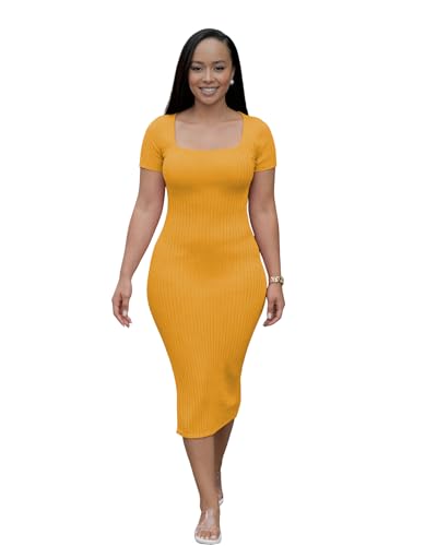 Image of TOPSRANI Women Sexy Midi Dress Bodycon Casual Sleeveless Basic Ruched Tank Summer Club Party Dresses