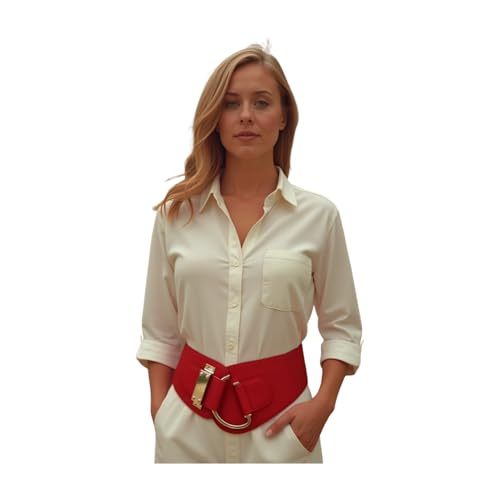 TrendyFashionJewelry Women Elastic Wide Belt Hip High Waist Gold Hook Buckle S M Red