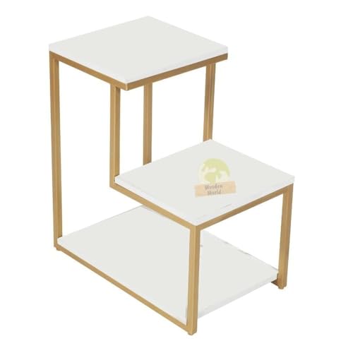 Image of 3 Tier Sofa Side Table, Modern Coffee Table Nightstands with Metal Frame and White MDF Desktop for Living Room Bed Room Decor (Golden White)