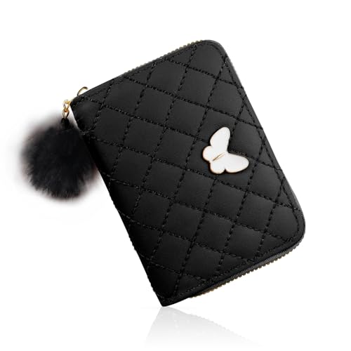 Energather Women's Purse, PU Leather Ladies Credit Card Holders for Women and Girls, Cute Small Purse with Fur Ball Women Wallets for Shopping, Dating, Travel (Black)