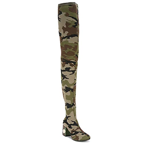FOWT Women Camouflage Stretch Over The Knee Thigh High Boots Slim Calf Long Sock Boots Mid Block Heel Side Zipper Round Toe Green Shoes Winter Fall Army Party Daily Shoes Size 4-16 US3