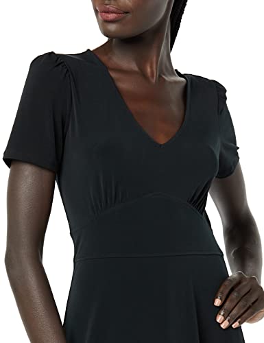 Image of Amazon Essentials Women's Short Sleeve V-Neck Gathered Flattering Fit and Flare Dress