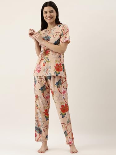Image of SANSKRUTIHOMES Women's Premium 100% Cotton Printed Co-Ord Set | Short Sleeve Shirt & Pant Set | Pink Checkered Sun & Palm Tree Print | Casual Summer Resortwear, Vacation Wear & Comfortable Loungewear