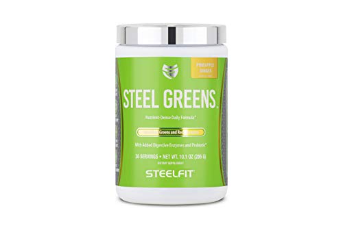 SteelFit Steel Greens - Superfood Greens and Reds Complex - Nutrient Dense Daily Formula - Added Digestive Enzyme - Probiotic - Organic Greens and Reds - Vegan - 30 Servings (Pineapple Ginger)
