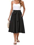 Poplab Women's Elastic High Waist Pleated A-Line Midi Skirts with Adjustable Tie Belt Side Pockets Black XL