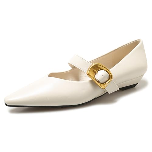 Women's Leather Closed Pointed Toe Mary Jane Flat Shoes Adjustable Buckle Slip On Comfortable Ballet Flats Casual Work Wedding Party Dress Shoes