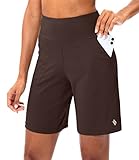 SANTINY Bermuda Shorts for Women with Zipper Pocket Womens High Waisted Long Shorts for Running Workout Athletic(Brown_XL)