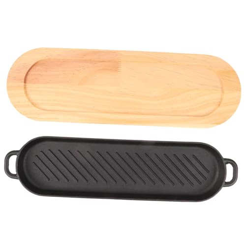 Cabilock Plato De Hierro Fundido Para Servir Carne Con Base De Madera Bandeja Para Barbacoa y Pescado Resistente Compacto y Fácil De Limpiar Para Cocina Doméstica