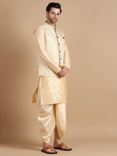 Image of Men's Silk Blend Solid Kurta Dhoti Set with Designer Ethnic Nehru Jacket